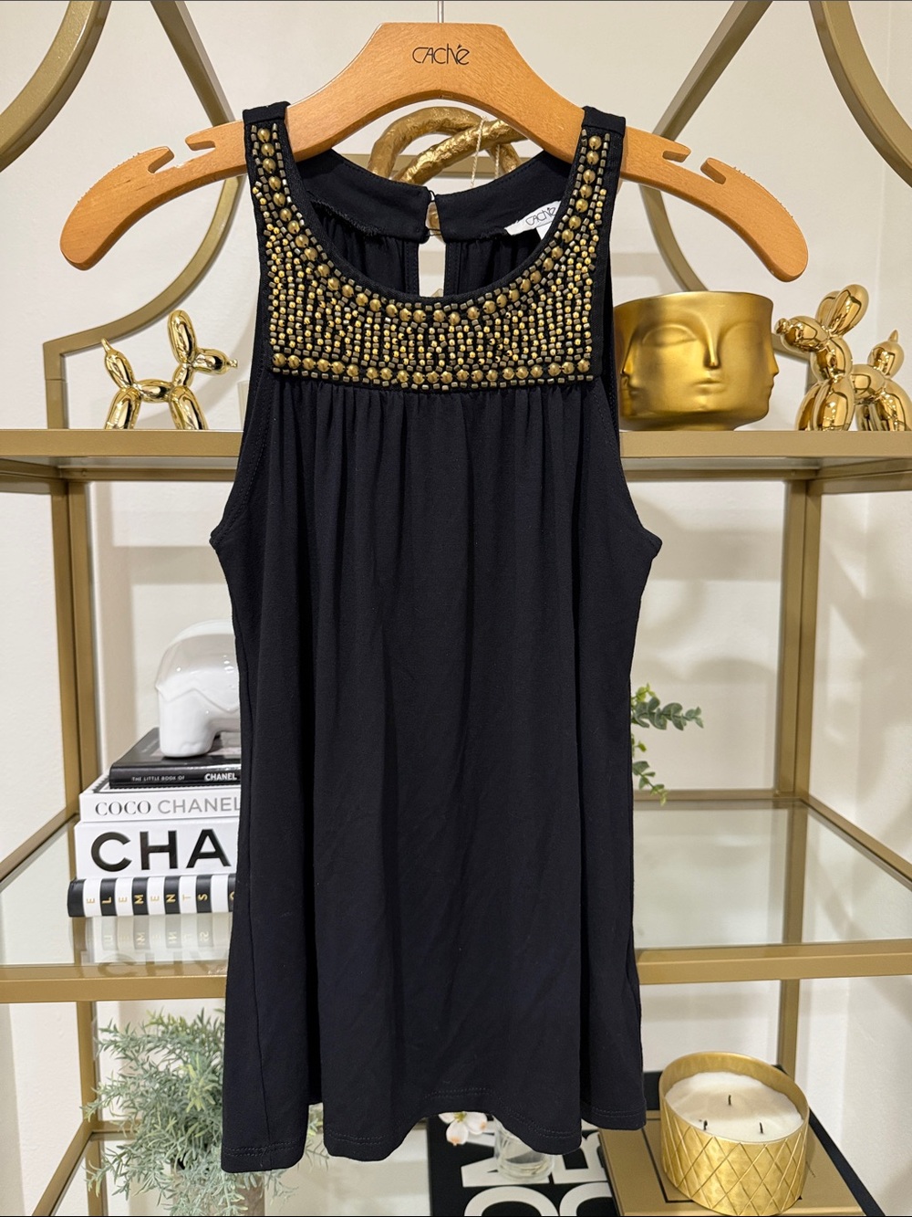 Black Sleeveless Tank with Gold Beaded Yoke
